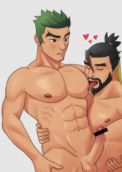 Rule 34 | 2boys, abs, bara, beard, black hair, blush, brothers, censored, erection, facial hair, family, genji (overwatch), green hair, hanzo (overwatch), heart, ignacio, incest, licking, male focus, multiple boys, muscular, nipples, nude, overwatch, overwatch 1, pectorals, penis, siblings, tongue, tongue out, yaoi
