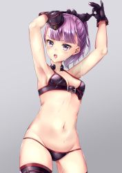 Rule 34 | 1girl, adjusting clothes, adjusting headwear, armpits, bare shoulders, bikini, blush, breasts, cleavage, collarbone, cowboy shot, fate/grand order, fate (series), gloves, groin, hane yuki, hat, helena blavatsky (fate), helena blavatsky (swimsuit archer) (fate), helena blavatsky (swimsuit archer) (third ascension) (fate), highres, lips, looking at viewer, mini hat, navel, open mouth, ponytail, purple bikini, purple eyes, purple gloves, purple hair, purple thighhighs, short hair, short ponytail, small breasts, solo, swimsuit, thighhighs, thighs, wet