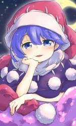 Rule 34 | 1girl, aura, black dress, blue eyes, blue hair, blush, breast rest, breasts, commentary request, crescent moon, doremy sweet, dream soul, dress, elbow rest, hair between eyes, hand on headwear, hat, head on hand, head rest, layered dress, looking at viewer, lying, medium breasts, moon, night, night sky, nightcap, on stomach, parted lips, pom pom (clothes), red hat, sky, smile, solo, star (sky), starry sky, tanasuke, touhou