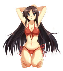 Rule 34 | 1girl, :o, akiyama mio, armpits, arms behind head, bad id, bad pixiv id, barefoot, bikini, black eyes, black hair, blush, breasts, cameltoe, cleavage, covered erect nipples, front-tie top, full body, k-on!, kneeling, large breasts, long hair, navel, newpe, open mouth, side-tie bikini bottom, simple background, solo, swimsuit, underboob, very long hair
