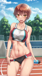 Rule 34 | 1girl, absurdres, blurry, blurry background, blush, bottle, brown hair, cloud, collarbone, cowboy shot, female focus, gluteal fold, highres, holding, looking at viewer, midriff, navel, nigmatullin, open mouth, original, panties, panty pull, short hair, sidelocks, sky, smile, solo, sports bra, sportswear, standing, sweat, teeth, thighs, track and field, tree, underwear, water bottle