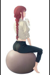 1girl ball barefoot black_pants bottle braid braided_ponytail breasts chainsaw_man exercise_ball from_behind from_side full_body highres holding holding_bottle long_hair makima_(chainsaw_man) medium_breasts midriff pants parted_lips red_hair shirt simple_background sitting solo toraya_(doujintraya) white_background white_shirt yellow_eyes