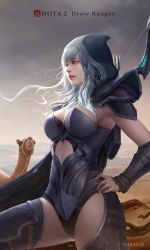 Rule 34 | 1girl, absurdres, armored leotard, arrow (projectile), blue footwear, blue hair, blue leotard, boots, bow (weapon), breasts, camel, character name, cleavage, cloud, cloudy sky, desert, dota (series), dota 2, drow ranger (dota), grey sky, hand on own hip, highres, ja1990, leotard, lips, long hair, outdoors, purple eyes, quiver, sky, solo, thigh boots, thighhighs, weapon