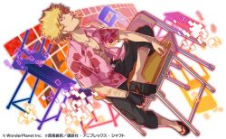 Rule 34 | 1boy, bakemonogatari, black footwear, black pants, blonde hair, chair, cigarette, collared shirt, copyright notice, crash fever, cross, cross necklace, desk, dutch angle, earrings, fingerless gloves, full body, gloves, hawaiian shirt, inverted cross, jewelry, leaning back, male focus, monogatari (series), mouth hold, necklace, official art, open clothes, open shirt, oshino meme, pants, parted lips, pink shirt, promotional art, sandals, school chair, school desk, shirt, short hair, short sleeves, single glove, sitting, solo, stud earrings