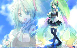 Rule 34 | 00s, 1girl, 2008, :d, boots, cloud, detached sleeves, gradient hair, hatsune miku, headset, highres, long hair, melt (vocaloid), multicolored hair, necktie, open mouth, puddle, rainbow hair, sato-pon, skirt, sky, smile, thigh boots, thighhighs, transparent umbrella, twintails, umbrella, very long hair, vocaloid, zoom layer