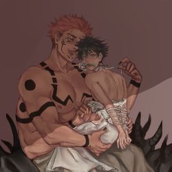 Rule 34 | 2boys, abs, absurdres, ass, ass grab, back, black hair, black nails, bound, bound arms, chest tattoo, dress, extra arms, extra eyes, facial tattoo, flower, fushiguro megumi, green eyes, highres, jujutsu kaisen, large pectorals, male focus, mouth hold, multiple boys, muscular, muscular male, nail polish, nipples, pectorals, pink hair, red eyes, ryoumen sukuna (jujutsu kaisen), short hair, shoulder tattoo, sitting, sitting on lap, sitting on person, size difference, spiked hair, tattoo, tongue, tongue out, topless male, undressing another, vvytril, wedding dress, white dress, yaoi