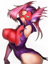 Rule 34 | 1girl, :o, arched back, ass, bimaajo, bimajo (time bokan), breasts, brown eyes, clenched hand, covered erect nipples, cowboy shot, eyeshadow, finger to face, from side, fumio (rsqkr), gloves, gradient hair, half-closed eyes, halterneck, hand up, helmet, high collar, impossible clothes, impossible leotard, large breasts, leotard, lipstick, long hair, looking at viewer, looking back, makeup, mask, multicolored hair, open mouth, pink hair, purple lips, raised eyebrows, simple background, sketch, solo, standing, thick thighs, thighs, time bokan (series), time bokan 24, visor, white background, yellow eyes