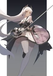 Rule 34 | 1girl, absurdres, arknights, belt, black background, black gloves, black jacket, brown eyes, capelet, earrings, front-seamed legwear, gloves, gradient background, grey background, gun, head wings, high-waist skirt, highres, holding, holding sword, holding weapon, irene (arknights), jacket, jewelry, layered skirt, leg up, long hair, long sleeves, looking at viewer, pantyhose, parted lips, print skirt, puffy long sleeves, puffy sleeves, purple skirt, rapier, scar, scar across eye, scar on face, seamed legwear, signature, skirt, solo, sword, thighs, very long hair, weapon, white capelet, white hair, white pantyhose, white skirt, wings, wjx724888319