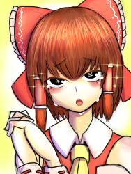 Rule 34 | 1girl, bad id, bad pixiv id, bare shoulders, black eyes, bow, brown hair, chestnut mouth, crying, crying with eyes open, detached sleeves, hair bow, hair ribbon, hair tubes, hakurei reimu, interlocked fingers, looking at viewer, necktie, okahi, own hands clasped, own hands together, ponytail, ribbon, short hair, solo, sparkle, symbol-shaped pupils, tears, touhou, yen sign