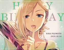 Rule 34 | 1girl, arm behind head, bare shoulders, blonde hair, character name, dress, earrings, fujimoto rina, grey eyes, grid background, happy birthday, idolmaster, idolmaster cinderella girls, idolmaster cinderella girls starlight stage, index finger raised, jewelry, long hair, looking at viewer, multicolored nails, necklace, open mouth, purple dress, sako misaki, solo, text background, tongue, tongue out