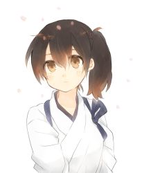 Rule 34 | 1girl, brown eyes, brown hair, commentary request, expressionless, hair between eyes, ina (1813576), japanese clothes, kaga (kancolle), kantai collection, long hair, looking at viewer, side ponytail, simple background, solo, tasuki, upper body, white background