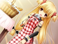 Rule 34 | 1girl, alcot, angry, apron, blonde hair, dutch angle, elbow gloves, gloves, goth fashion, indoors, karen (triptych), ladle, long hair, looking at viewer, nimura yuuji, skirt, solo, triptych, twintails