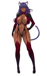 Rule 34 | 1girl, animal ears, aoi nagisa (metalder), areola slip, blush, breasts, cat ears, cat tail, covered erect nipples, dark-skinned female, dark skin, delva celebrian, fingerless gloves, full body, furrowed brow, gloves, gluteal fold, grey hair, hand on own hip, highres, huge breasts, light areolae, long hair, looking at viewer, navel, official art, purple hair, solo, standing, tail, transparent background, yellow eyes, youkoso! sukebe elf no mori e
