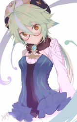 Rule 34 | 1girl, animal ears, aqua hair, breasts, closed mouth, emirio (emirio110), fur collar, genshin impact, glasses, green eyes, hat, highres, long hair, long sleeves, looking at viewer, multicolored hair, orange eyes, pantyhose, ponytail, signature, simple background, small breasts, smile, solo, streaked hair, sucrose (genshin impact), very long hair, vision (genshin impact), white background, white pantyhose