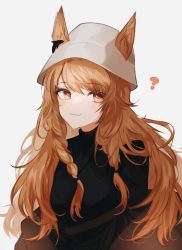 Rule 34 | 1girl, :3, ?, absurdres, animal ears, arknights, black shirt, blush, braid, brown hair, ceobe (arknights), ceobe (unfettered) (arknights), dog ears, ears through headwear, female focus, gupipy, hat, highres, long hair, looking at viewer, official alternate costume, red eyes, shirt, side braids, solo, upper body, white background, white hat