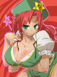 Rule 34 | 1girl, bad id, bad pixiv id, braid, breasts, buki56, china dress, chinese clothes, cleavage, dress, embodiment of scarlet devil, female focus, green eyes, hat, hong meiling, huge breasts, long hair, naughty face, red hair, solo, touhou, twin braids
