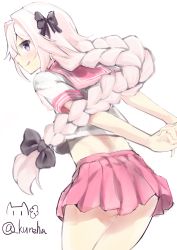Rule 34 | 1boy, :q, absurdres, arms behind back, artist name, astolfo (fate), astolfo (sailor paladin) (fate), black bow, bow, braid, commentary, crossdressing, fate/apocrypha, fate/grand order, fate (series), hair bow, highres, interlocked fingers, kureha (angelite), long hair, looking at viewer, male focus, official alternate costume, pink hair, pink skirt, pleated skirt, purple eyes, school uniform, serafuku, skirt, smile, solo, tongue, tongue out, trap, uniform, watermark