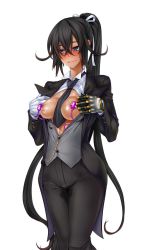 Rule 34 | 00s, 1girl, black hair, black necktie, blue eyes, blush, breasts, breasts out, butler, cowboy shot, cyborg, embarrassed, female butler, female focus, formal, fuuma amane, gloves, hair between eyes, hair ribbon, highres, long hair, mechanical hands, necktie, nipple stimulation, no bra, nose blush, open clothes, pants, ponytail, prosthesis, prosthetic arm, pussy juice, ribbon, sex toy, shindol, single glove, single mechanical hand, small breasts, solo, standing, suit pants, sweat, tailcoat, taimanin (series), taimanin asagi, taimanin asagi kessen arena, unbuttoned, very long hair, vibrator, vibrator on nipple, wet, wet clothes, white gloves, white ribbon