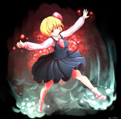 Rule 34 | 1girl, artist name, blonde hair, dated, furim, outstretched arms, red eyes, rumia, shirt, short hair, signature, skirt, smile, socks, spread arms, touhou, vest