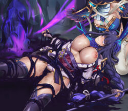 Rule 34 | 1girl, black mask, blue gloves, blue headwear, braid, breasts, breasts out, bridal gauntlets, clenched teeth, cyclone (reizei), detached collar, elbow gloves, eye mask, female pubic hair, flower, genshin impact, gloves, gold trim, hair flower, hair ornament, highres, hip vent, japanese clothes, kimono, large breasts, long hair, long sleeves, looking at viewer, low-braided long hair, low-tied long hair, lying, mirror maiden (genshin impact), mole, mole under eye, nipples, nude, obi, off shoulder, on back, pants, polearm, pubic hair, purple eyes, purple hair, purple kimono, purple thighhighs, raiden shogun, restrained, sash, shrug (clothing), smile, teeth, thighhighs, thighs, very long hair, weapon, white pants, wide sleeves
