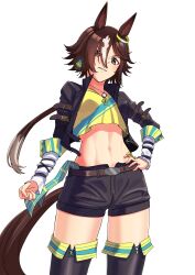 Rule 34 | 1girl, absurdres, animal ears, belt, black footwear, black jacket, black shorts, boots, breasts, brown eyes, cleavage, closed mouth, commentary request, cowboy shot, cropped shirt, hair over one eye, hand on own hip, highres, horse ears, horse girl, horse tail, jacket, long sleeves, midriff, navel, senchan 7, shirt, shorts, simple background, smile, solo, stomach, stopwatch, stopwatch around neck, tail, teeth, thigh boots, umamusume, upper teeth only, vodka (umamusume), watch, white background, yellow shirt