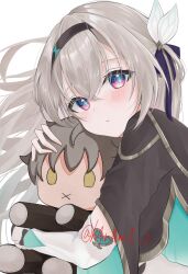 Rule 34 | 1girl, black hairband, black jacket, blue pupils, blush, caelus (honkai: star rail), character doll, closed mouth, cropped jacket, dot mouth, firefly (honkai: star rail), floating hair, grey hair, h4n4m1 2, hairband, highres, honkai: star rail, honkai (series), hugging doll, hugging object, jacket, long hair, looking at viewer, purple eyes, shirt, simple background, solo, trailblazer (honkai: star rail), twitter username, upper body, white background, white shirt
