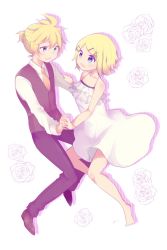 Rule 34 | 1boy, 1girl, adolescence (vocaloid), aoi choko (aoichoco), bad id, bad twitter id, bare arms, bare legs, bare shoulders, barefoot, blonde hair, brother and sister, camisole, collarbone, dancing, eye contact, flat chest, floating hair, flower, full body, hair ornament, hairclip, halterneck, holding hands, highres, interlocked fingers, kagamine len, kagamine rin, looking at another, necktie, open mouth, pants, rose, shirt, shoes, short hair, short ponytail, siblings, sleeveless blazer, smile, spaghetti strap, twins, vocaloid, white camisole, yellow neckwear