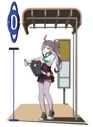 Rule 34 | &gt;:), 10s, 1girl, ahoge, alternate costume, asashimo (kancolle), backpack, bag, bus stop, choker, commentary request, cosplay, creatures (company), female protagonist (pokemon go), female protagonist (pokemon go) (cosplay), game freak, grey eyes, grey pantyhose, hair over one eye, highres, kantai collection, kazh (kazu), long hair, nintendo, pantyhose, pantyhose under shorts, poke ball, pokemon, pokemon go, ponytail, shorts, silver hair, smile, solo, v-shaped eyebrows