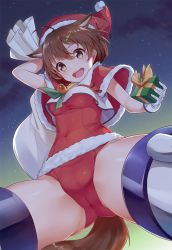 Rule 34 | 1girl, :d, adapted costume, ahoge, alternate costume, animal ear fluff, animal ears, bell, blouse, blush, box, brave witches, breasts, brown eyes, brown hair, cameltoe, capelet, christmas, cloud, covered navel, cowboy shot, crop top, crop top overhang, crotch, female focus, flying, foreshortening, from below, fur-trimmed capelet, fur-trimmed headwear, fur-trimmed swimsuit, fur trim, gift, gift box, gloves, gluteal fold, gradient eyes, gradient sky, green ribbon, hair between eyes, hair ornament, hairclip, happy, hat, highres, hip focus, holding, holding gift, holding sack, karibuchi hikari, konnyaku (kk-monmon), legs apart, looking at viewer, looking down, medium breasts, multicolored eyes, night, old school swimsuit, one-piece swimsuit, open mouth, outdoors, over shoulder, parted bangs, pom pom (clothes), red capelet, red hat, red one-piece swimsuit, ribbon, sack, santa costume, santa hat, school swimsuit, shirt, short hair, sky, smile, solo, squirrel ears, squirrel girl, squirrel tail, star (sky), star (symbol), star hair ornament, starry sky, striker unit, swimsuit, tail, taut clothes, teeth, thighs, upper teeth only, white gloves, white shirt, world witches series, yellow eyes, yellow ribbon