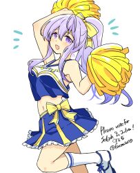 Rule 34 | 1girl, alternate costume, alternate hairstyle, arm up, bare shoulders, bow, breasts, cheerleader, circlet, cleavage, english text, fire emblem, fire emblem: genealogy of the holy war, julia (fire emblem), long hair, medium breasts, nintendo, open mouth, pom pom (cheerleading), ponytail, purple eyes, purple hair, simple background, skirt, socks, solo, stomach, yukia (firstaid0)