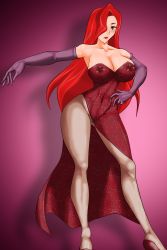 Rule 34 | 1girl, bare shoulders, blush, breasts, brown pantyhose, cleavage, closed mouth, covered erect nipples, covered navel, disney, dress, elbow gloves, eyeshadow, female focus, gloves, gradient background, green eyes, hair over one eye, hand on own hip, high heels, highres, jessica rabbit, large breasts, legs, lipstick, long dress, long hair, looking at viewer, makeup, neck, nipples, orange hair, outstretched arm, pantyhose, purple background, purple eyeshadow, purple gloves, red dress, red footwear, red hair, red lips, shadow, shoes, solo, standing, strapless, strapless dress, supernova (artist), who framed roger rabbit