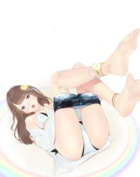 Rule 34 | 1girl, ama mitsuki, anklet, bare legs, barefoot, blue eyes, blush, bra, braid, breasts, brown hair, cameltoe, clothes pull, commentary request, denim, denim shorts, feet, flower, foot focus, foreshortening, hair flower, hair ornament, jewelry, legs up, long hair, looking at viewer, lying, md5 mismatch, off shoulder, on back, open mouth, original, panties, resolution mismatch, shirt, shorts, side braid, simple background, soles, solo, source smaller, toes, underwear, undressing, white bra, white panties, white shirt