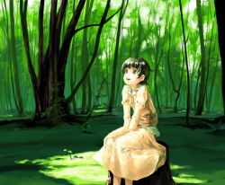 Rule 34 | 1girl, black eyes, black hair, dress, forest, green theme, looking up, myu, nature, open mouth, original, short hair, sitting, smile, solo, tree, tree stump, v arms
