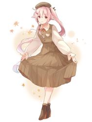 Rule 34 | 1girl, alternate costume, bad id, bad twitter id, beret, brown dress, brown footwear, brown hat, buttons, closed mouth, collared shirt, commentary request, dress, full body, hair between eyes, harusame (kancolle), hat, kantai collection, long hair, long sleeves, pink eyes, pink hair, shakemi (sake mgmgmg), shirt, shoes, side ponytail, sleeveless, sleeveless dress, smile, solo, white background, white shirt