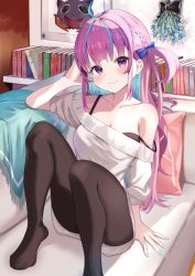 Rule 34 | 1girl, ahoge, bare shoulders, black bra, black pantyhose, blue hair, blue nails, blush, book, bra, breasts, cleavage, closed mouth, collarbone, colored inner hair, couch, foot out of frame, full body, hand up, highres, hololive, knees up, large breasts, long hair, looking at viewer, minato aqua, multicolored hair, nail polish, no shoes, off shoulder, on couch, pantyhose, pillow, purple eyes, purple hair, sidelocks, sitting, smile, solo, strap slip, streaked hair, sweater, two-tone hair, underwear, virtual youtuber, white sweater, yugu lemon