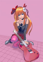 Rule 34 | 1girl, aro (charged time out), bad id, bad pixiv id, blue eyes, boots, bow, bracelet, detached sleeves, guitar, hair bow, hair ornament, instrument, jewelry, long hair, orange hair, original, pantyhose, photo-referenced, pink background, pink pantyhose, plaid, plaid skirt, sitting, skirt, skull, skull hair ornament, solo, strap slip