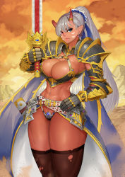 Rule 34 | 1girl, abs, armor, bikini armor, blue eyes, breasts, broken horn, cape, demon horns, eguchi tumoru, gauntlets, heterochromia, highres, holding, holding sword, holding weapon, horns, jewelry, large breasts, mountain, muscular, muscular female, oni, orange sky, original, pauldrons, ponytail, red eyes, scabbard, sheath, shoulder armor, sky, solo, sword, tan, thick thighs, thighs, torn clothes, torn legwear, warrior, weapon, white hair