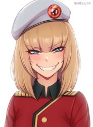 Rule 34 | 1girl, absurdres, artist name, beret, blue eyes, blunt bangs, blush, commentary, commission, copyright request, evil grin, evil smile, fangs, grey background, grey hat, grin, half-closed eyes, hat, highres, jacket, looking at viewer, military, military hat, military uniform, portrait, red jacket, shellvi, smile, solo, uniform, white background, wing collar