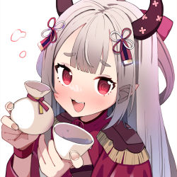 Rule 34 | 1girl, :d, @ @, absurdres, blush, cape, commentary request, cup, ears visible through hair, epaulettes, grey hair, hands up, highres, holding, holding cup, horns, long hair, looking at viewer, morumoru x, naraka (nijisanji), nijisanji, open mouth, pointy ears, red cape, red eyes, short eyebrows, simple background, smile, solo, teeth, thick eyebrows, upper body, upper teeth only, very long hair, virtual youtuber, white background, x-ray