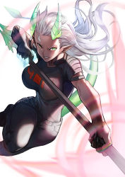 Rule 34 | 1girl, breasts, dragon horns, dragon tail, green eyes, green horns, hinoru saikusa, holding, holding weapon, horns, large breasts, long hair, original, pointy ears, solo, tail, weapon, white background, white hair