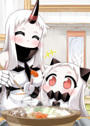 Rule 34 | +++, 10s, 2girls, ^ ^, abyssal ship, blush, bowl, carrot, chopsticks, claws, closed eyes, commentary request, contemporary, covered mouth, detached sleeves, dress, food, fork, hanging scroll, holding, horns, kantai collection, long hair, mittens, multiple girls, mushroom, nabe, northern ocean princess, pale skin, portable stove, pot, red eyes, scroll, seaport princess, shark, single horn, spring onion, steam, table, tatami, tofu, white dress, white hair, yamato nadeshiko