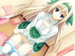 Rule 34 | 1girl, blonde hair, blue eyes, breasts, clothes lift, collar, crossed arms, dutch angle, frilled collar, frilled shirt, frilled shirt collar, frilled skirt, frills, game cg, green ribbon, green skirt, hair ribbon, indoors, kanou seia, long hair, looking at viewer, open mouth, panties, panty pull, pee, peeing, plaid, plaid skirt, ribbon, shirt, sitting, skirt, skirt lift, solo, stellar theater, surprised, suzuhira hiro, thighhighs, toilet, toilet paper, toilet use, towel, underwear, very long hair, white panties, white thighhighs, wooden floor
