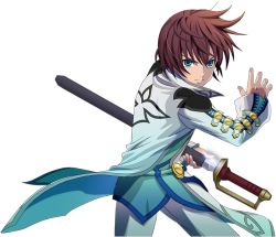 Rule 34 | 1boy, asbel lhant, blue eyes, brown hair, fighting stance, jacket, long sleeves, male focus, official art, ready to draw, sheath, sheathed, short hair, solo, sword, tales of (series), tales of graces, weapon