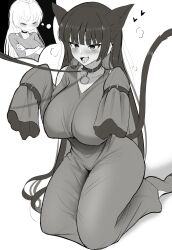 Rule 34 | 2girls, absurdres, animal ears, bare shoulders, black choker, black hair, blunt bangs, blush, bocchi the rock!, breasts, breath, cat ears, cat girl, chin piercing, choker, closed eyes, clothing cutout, colored inner hair, crossed arms, dress, ear piercing, fang, forked tongue, greyscale, heart, highres, hime cut, ijichi seika, large breasts, leash, long hair, long sleeves, monochrome, multicolored hair, multiple girls, o-ring collar, pa-san, piercing, sally (luna-arts), seiza, shoulder cutout, simple background, single barefoot, sitting, skin fang, solo focus, thought bubble, tongue, tongue out, very long hair, very long sleeves, white background