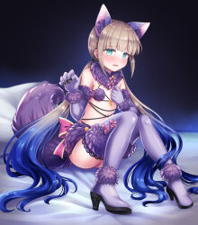 Rule 34 | 1boy, animal ears, aqua eyes, blonde hair, blue hair, blush, captain nemo (fate), cosplay, crossdressing, elbow gloves, fate/grand order, fate (series), fur-trimmed gloves, fur-trimmed legwear, fur bikini, fur collar, fur trim, gloves, gradient hair, halloween costume, highres, lace, lace-trimmed legwear, lace trim, long hair, low twintails, male focus, mash kyrielight, mash kyrielight (dangerous beast), mash kyrielight (dangerous beast) (cosplay), multicolored hair, nemo (fate), o-ring, o-ring top, purple gloves, purple tail, purple thighhighs, revealing clothes, shell ocean, sitting, solo, tail, thighhighs, trap, twintails, very long hair, wolf ears, wolf tail
