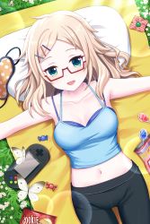Rule 34 | 1girl, absurdres, alternative girls, aqua eyes, blonde hair, breasts, candy, cleavage, day, food, game console, glasses, highres, long hair, looking at viewer, lying, nakata natalie, official art, on back, open mouth, outdoors, pillow, smile, solo, sportswear