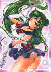 Rule 34 | 1girl, artist name, ass, at classics, bishoujo senshi sailor moon, blue skirt, blush, bow, breasts, choker, closed mouth, cowboy shot, dark-skinned female, dark skin, earrings, floating hair, from side, gloves, green hair, holding, holding staff, impossible clothes, jewelry, long hair, looking at viewer, medium breasts, meiou setsuna, panties, purple eyes, red bow, sailor pluto, sample watermark, skirt, smile, solo, staff, traditional media, underwear, very long hair, watermark, white gloves, white panties