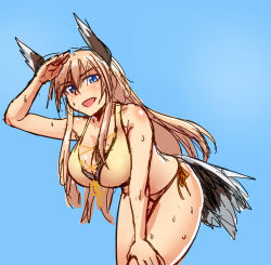 Rule 34 | 1girl, bikini, blonde hair, blue background, blue eyes, blush, breasts, cleavage, goggles, goggles on head, hair between eyes, hand on own knee, hanna-justina marseille, head wings, kunashiri (etorofu), large breasts, leaning forward, long hair, shading eyes, side-tie bikini bottom, sketch, solo, strike witches, swimsuit, wet, wings, witches of africa, world witches series, yellow bikini