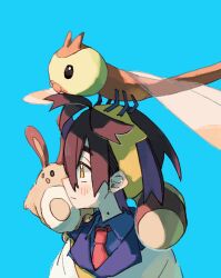 Rule 34 | 1boy, 2enn3n, black hair, blue background, brown fur, bug, closed mouth, commentary request, creatures (company), dragonfly, game freak, gen 2 pokemon, hairband, highres, insect, insect wings, jacket, male focus, mole, mole on neck, multicolored hair, necktie, nintendo, open mouth, pokemon, pokemon (creature), pokemon sv, purple hair, red necktie, sentret, simple background, two-tone hair, white jacket, wings, yanma, yellow eyes, yellow hairband
