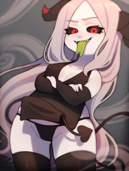 Rule 34 | 1girl, arm warmers, black dress, black panties, black sclera, breasts, clothes lift, colored sclera, colored tongue, cowboy shot, crossed arms, curvy, demon girl, demon horns, demon tail, dress, dress lift, fang, forked tongue, green tongue, grey hair, highres, horns, long hair, open mouth, original, pale skin, panties, prehensile tail, raised eyebrow, red eyes, shortstack, small breasts, smile, solo, tail, thighhighs, thighs, tongue, underwear, very long hair, zombiemiso
